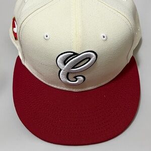 New Era Fitted Hat 7 5/8 Cream and Red 59fifty Cooperstown Collection